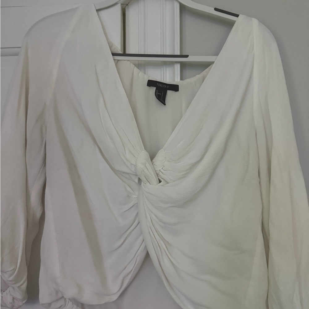 Forever 21 White Ruched Tie Front Blouse